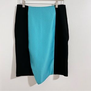Kensie Black And Turquoise Midi Skirt Size Small Asymmetrical Workwear Aqua